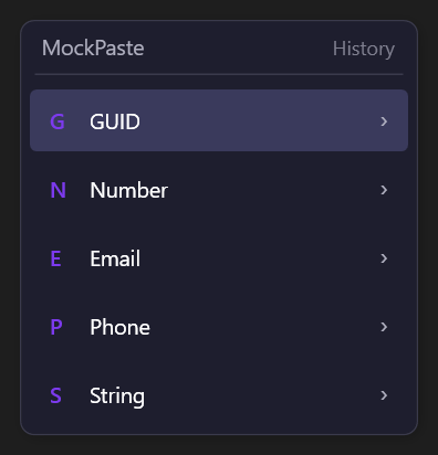 MockPaste popup with data categories