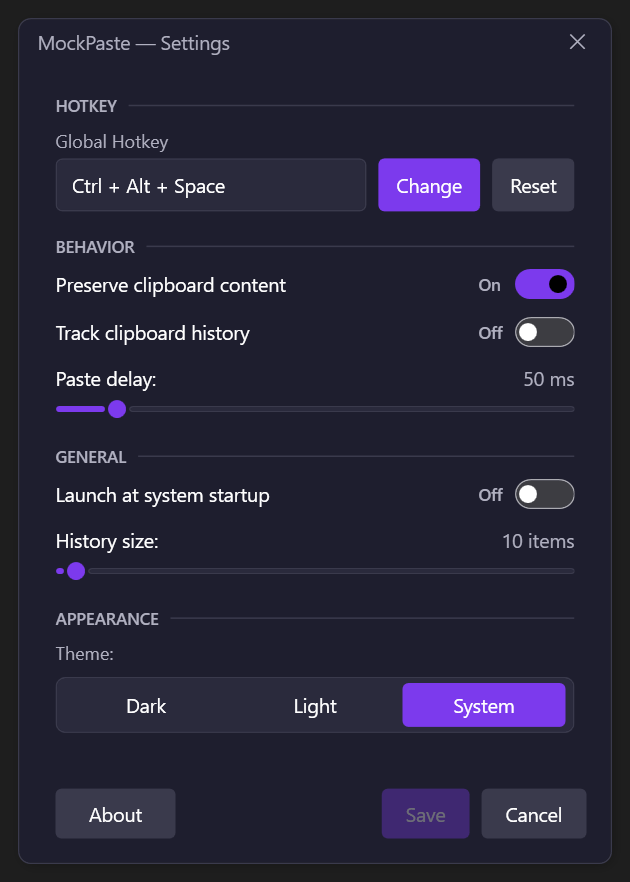 MockPaste settings window